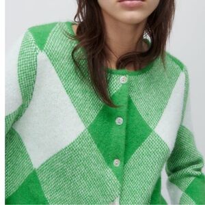 Zara Green Argyle Jacquard Knit Cardigan Women’s Medium